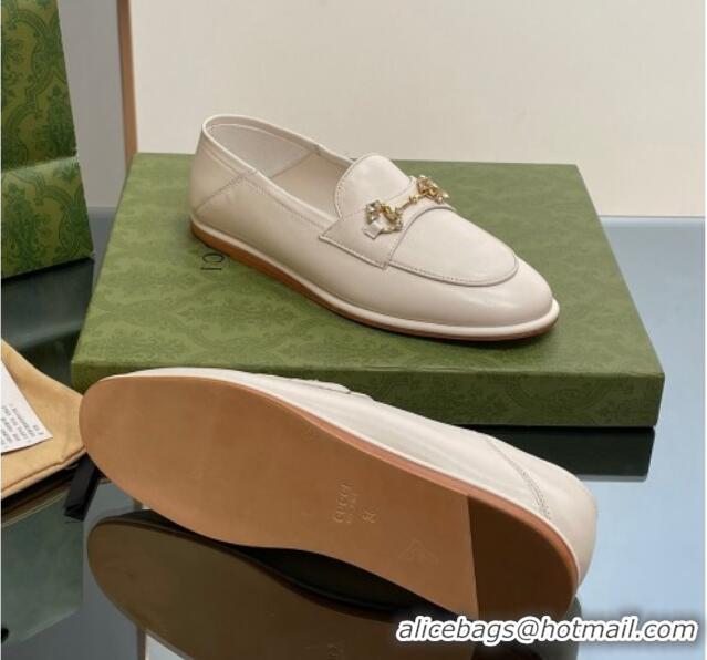 Buy Discount Gucci Horsebit Flat Loafers with Crystals in Leather White 025020