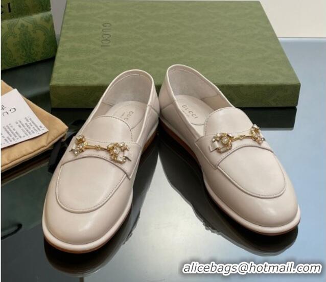 Buy Discount Gucci Horsebit Flat Loafers with Crystals in Leather White 025020