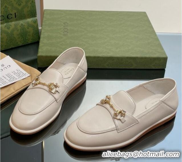 Buy Discount Gucci Horsebit Flat Loafers with Crystals in Leather White 025020