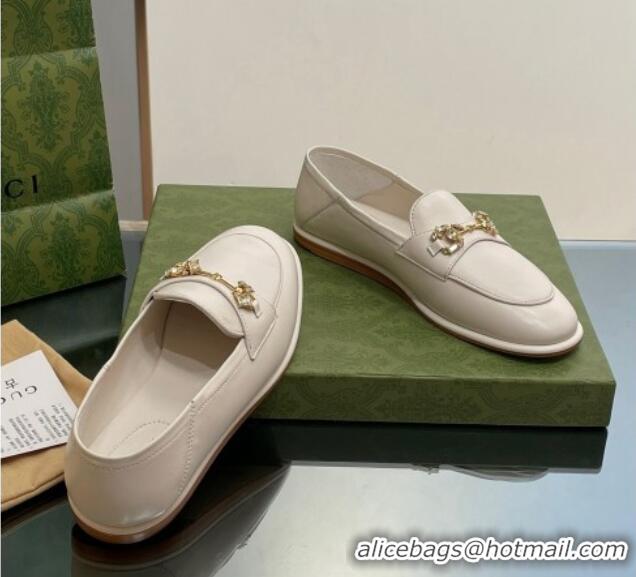 Buy Discount Gucci Horsebit Flat Loafers with Crystals in Leather White 025020