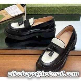 Luxurious Gucci Leather Loafers with Tassel and Wave Trim White/Black 025021