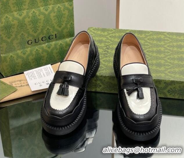 Luxurious Gucci Leather Loafers with Tassel and Wave Trim White/Black 025021