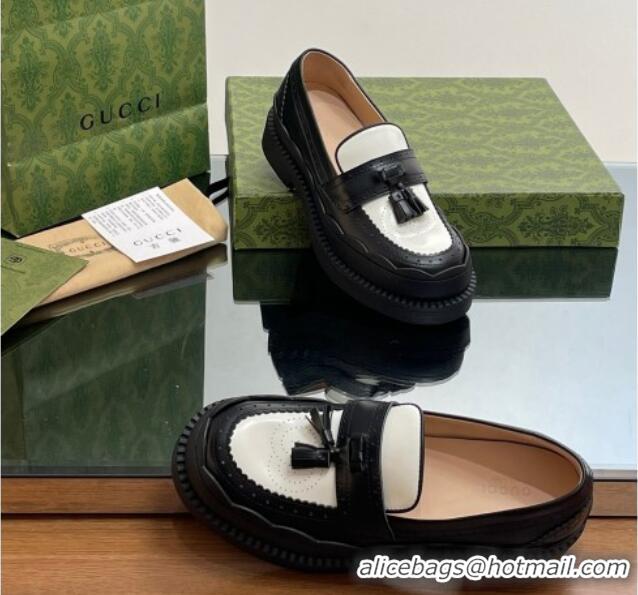 Luxurious Gucci Leather Loafers with Tassel and Wave Trim White/Black 025021