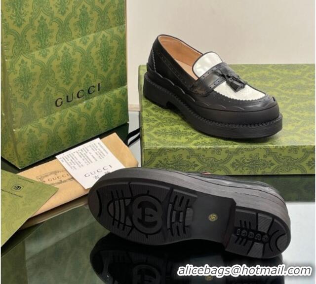 Luxurious Gucci Leather Loafers with Tassel and Wave Trim White/Black 025021