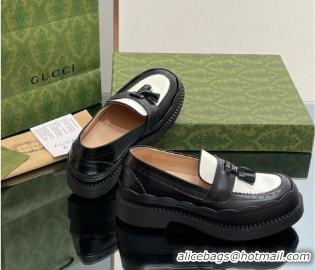 Luxurious Gucci Leather Loafers with Tassel and Wave Trim White/Black 025021