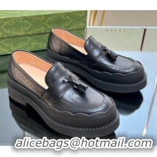 Good Quality Gucci Leather Loafers with Tassel and Wave Trim Black 025022