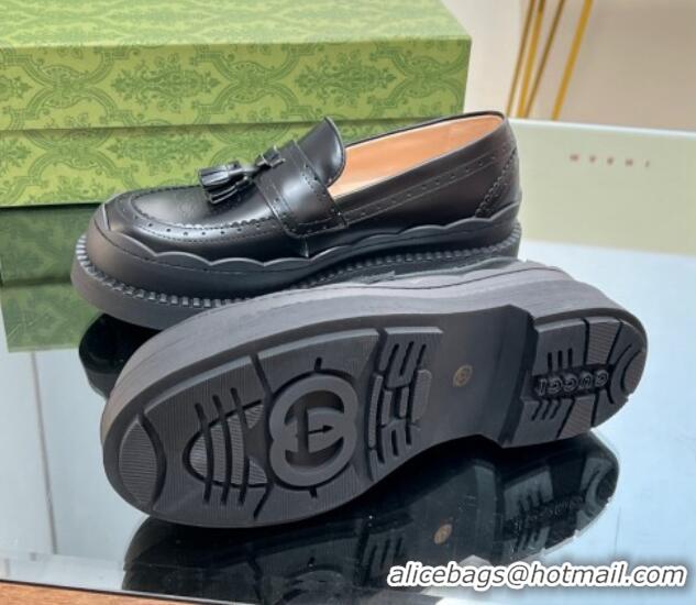 Good Quality Gucci Leather Loafers with Tassel and Wave Trim Black 025022