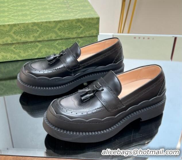 Good Quality Gucci Leather Loafers with Tassel and Wave Trim Black 025022