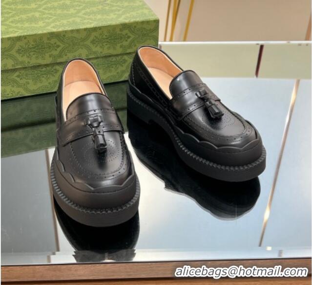 Good Quality Gucci Leather Loafers with Tassel and Wave Trim Black 025022