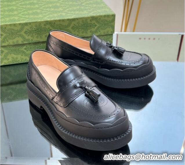 Good Quality Gucci Leather Loafers with Tassel and Wave Trim Black 025022