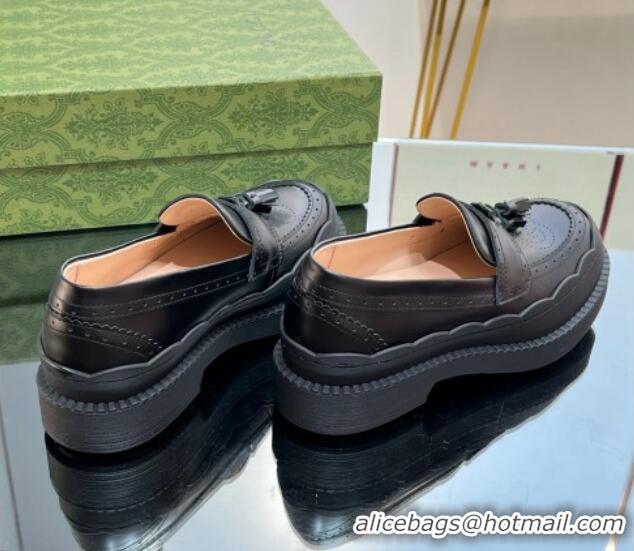 Good Quality Gucci Leather Loafers with Tassel and Wave Trim Black 025022