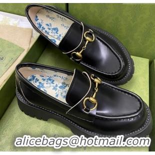 Unique Style Gucci Leather Platform Loafers 4.5cm with Bee Black 025023