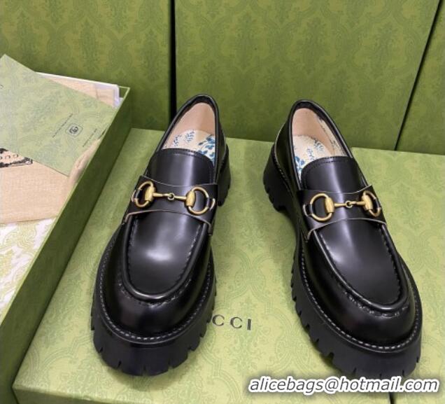 Unique Style Gucci Leather Platform Loafers 4.5cm with Bee Black 025023