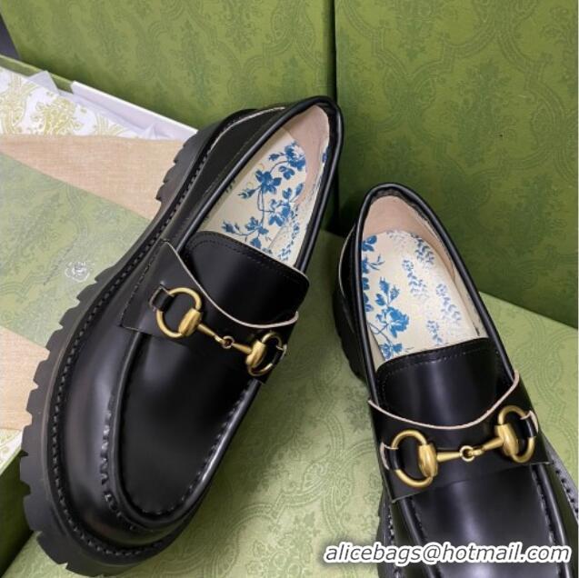 Unique Style Gucci Leather Platform Loafers 4.5cm with Bee Black 025023