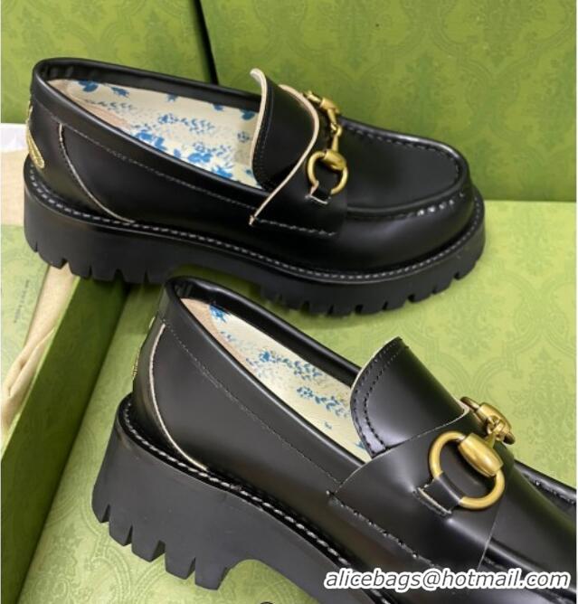 Unique Style Gucci Leather Platform Loafers 4.5cm with Bee Black 025023