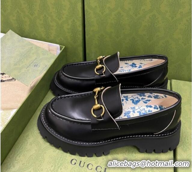 Unique Style Gucci Leather Platform Loafers 4.5cm with Bee Black 025023