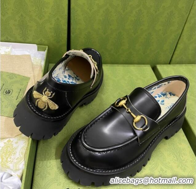 Unique Style Gucci Leather Platform Loafers 4.5cm with Bee Black 025023