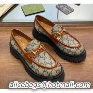 Grade Quality Gucci GG Canvas Platform Loafers 4.5cm with Horsebit Brown 025025