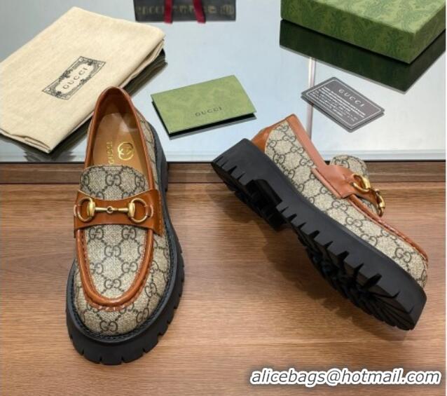 Grade Quality Gucci GG Canvas Platform Loafers 4.5cm with Horsebit Brown 025025