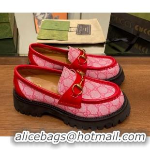 Pretty Style Gucci GG Canvas Platform Loafers 4.5cm with Horsebit Pink/Red 025026