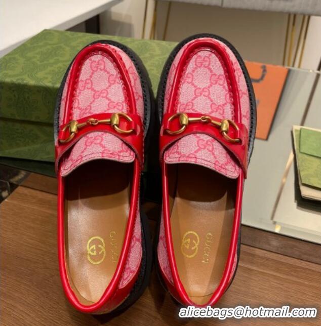 Pretty Style Gucci GG Canvas Platform Loafers 4.5cm with Horsebit Pink/Red 025026