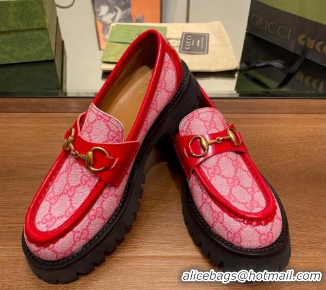 Pretty Style Gucci GG Canvas Platform Loafers 4.5cm with Horsebit Pink/Red 025026