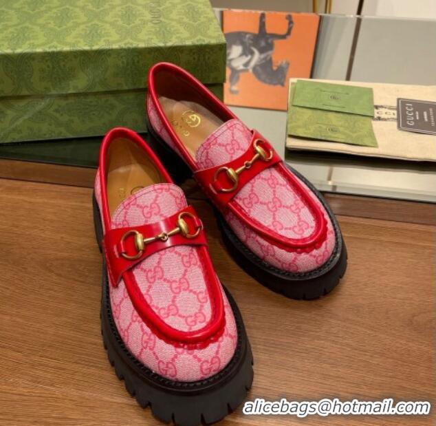 Pretty Style Gucci GG Canvas Platform Loafers 4.5cm with Horsebit Pink/Red 025026