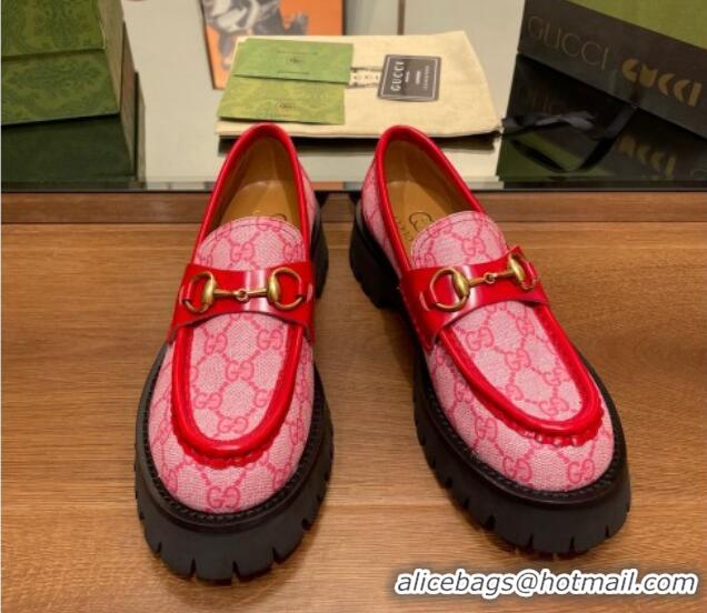 Pretty Style Gucci GG Canvas Platform Loafers 4.5cm with Horsebit Pink/Red 025026