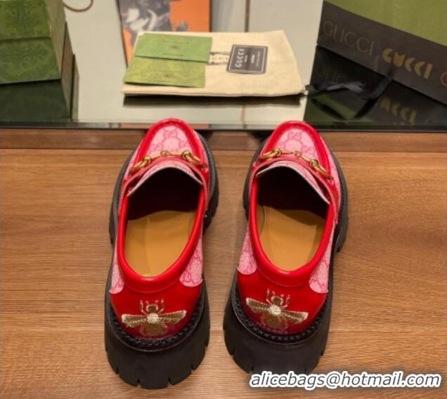 Pretty Style Gucci GG Canvas Platform Loafers 4.5cm with Horsebit Pink/Red 025026