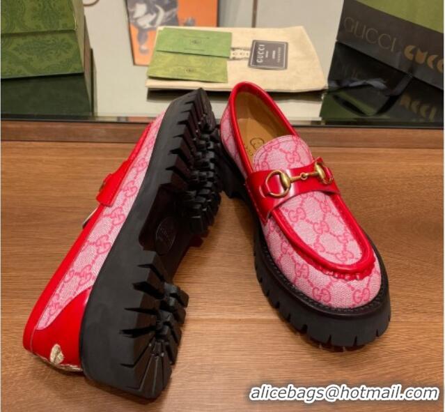 Pretty Style Gucci GG Canvas Platform Loafers 4.5cm with Horsebit Pink/Red 025026