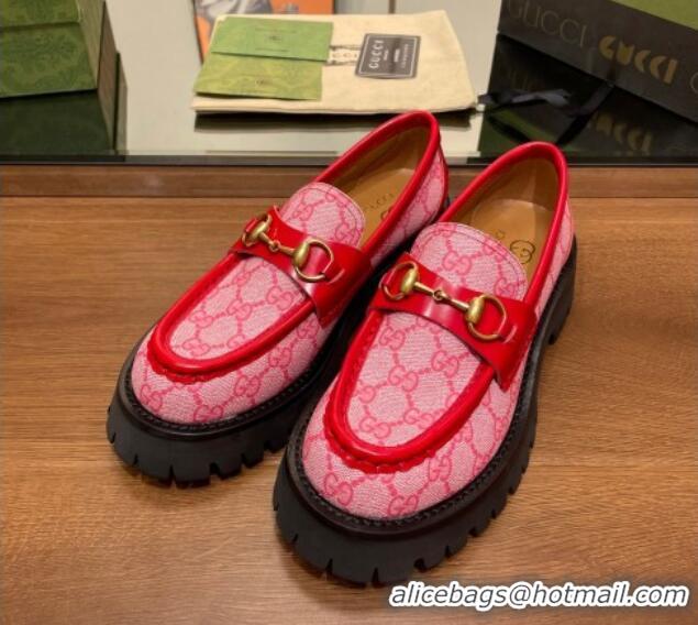 Pretty Style Gucci GG Canvas Platform Loafers 4.5cm with Horsebit Pink/Red 025026