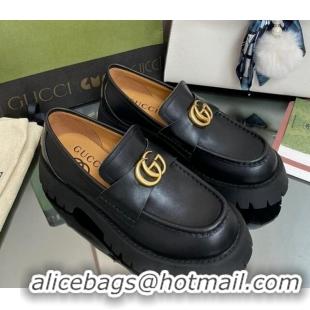 Top Grade Gucci Leather Platform Loafers 4.5cm with GG Black 025027