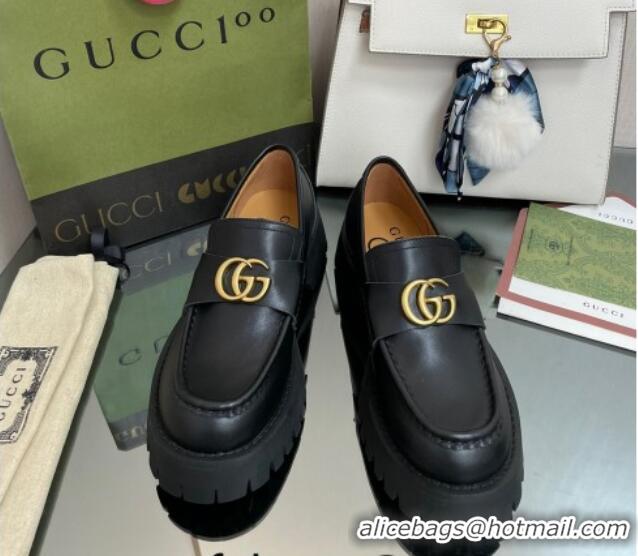 Top Grade Gucci Leather Platform Loafers 4.5cm with GG Black 025027