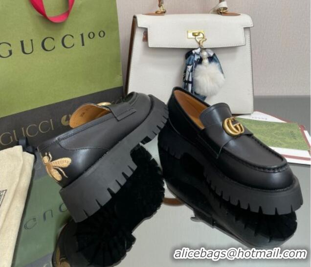 Top Grade Gucci Leather Platform Loafers 4.5cm with GG Black 025027