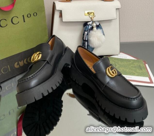 Top Grade Gucci Leather Platform Loafers 4.5cm with GG Black 025027