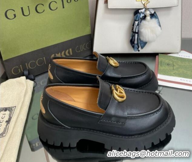 Top Grade Gucci Leather Platform Loafers 4.5cm with GG Black 025027