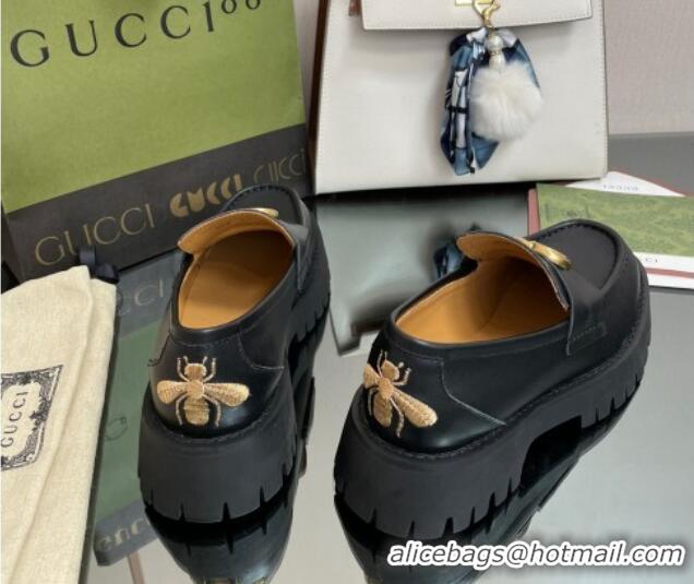 Top Grade Gucci Leather Platform Loafers 4.5cm with GG Black 025027