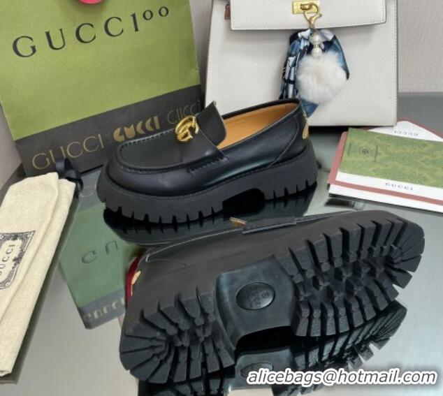 Top Grade Gucci Leather Platform Loafers 4.5cm with GG Black 025027