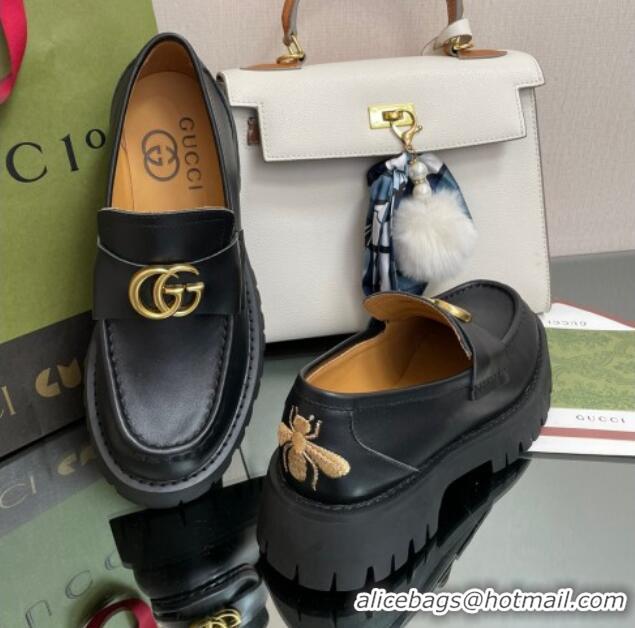 Top Grade Gucci Leather Platform Loafers 4.5cm with GG Black 025027