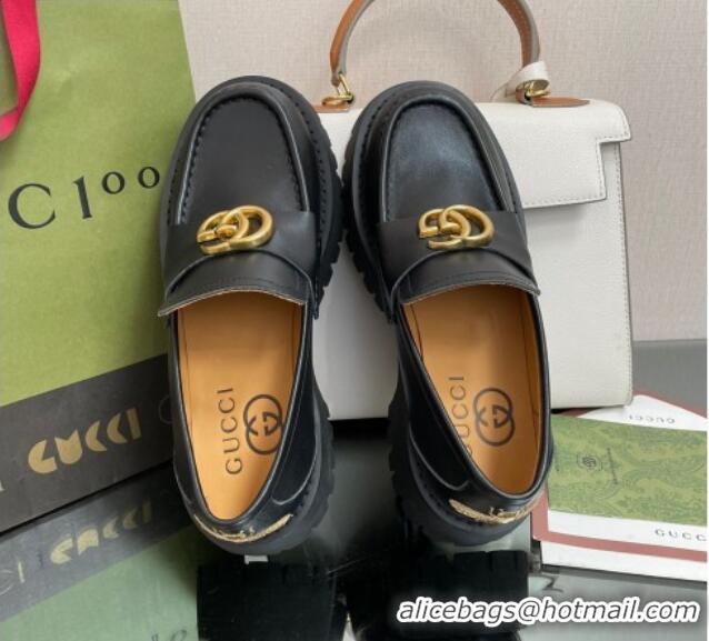 Top Grade Gucci Leather Platform Loafers 4.5cm with GG Black 025027