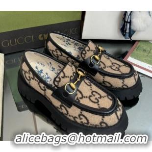 Good Looking Gucci GG Wool Platform Loafers 4.5cm with Horsebit Beige 025029