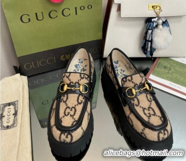 Good Looking Gucci GG Wool Platform Loafers 4.5cm with Horsebit Beige 025029