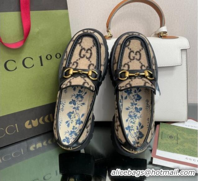 Good Looking Gucci GG Wool Platform Loafers 4.5cm with Horsebit Beige 025029