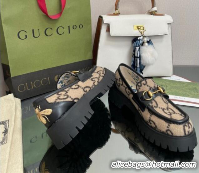 Good Looking Gucci GG Wool Platform Loafers 4.5cm with Horsebit Beige 025029