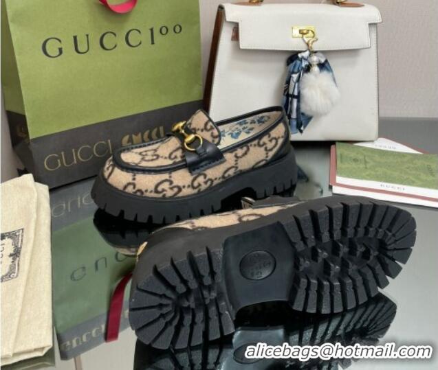 Good Looking Gucci GG Wool Platform Loafers 4.5cm with Horsebit Beige 025029