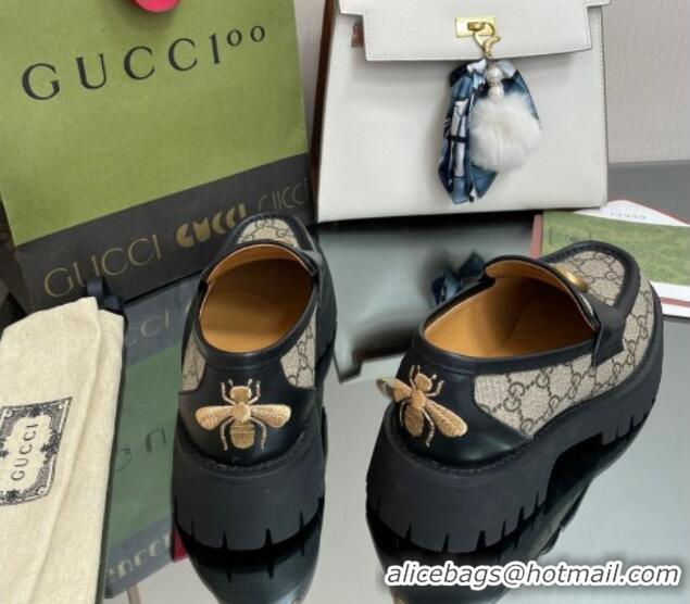 Low Cost Gucci GG Canvas Platform Loafers 4.5cm with GG Beige/Black 025030