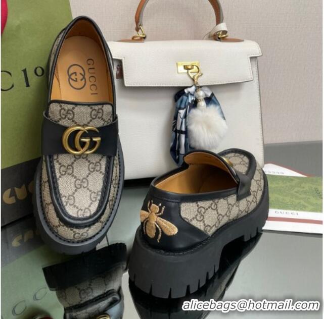 Low Cost Gucci GG Canvas Platform Loafers 4.5cm with GG Beige/Black 025030