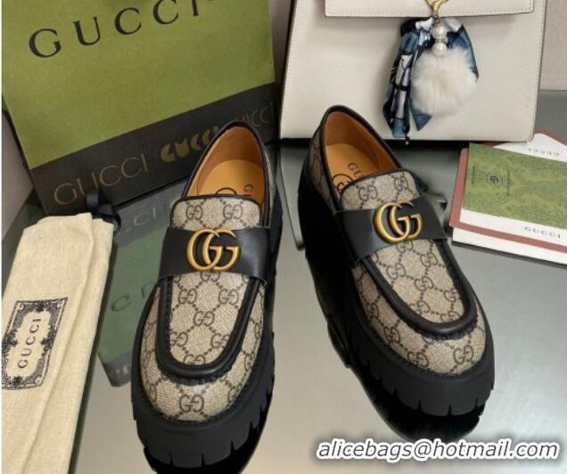 Low Cost Gucci GG Canvas Platform Loafers 4.5cm with GG Beige/Black 025030