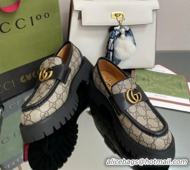 Low Cost Gucci GG Canvas Platform Loafers 4.5cm with GG Beige/Black 025030