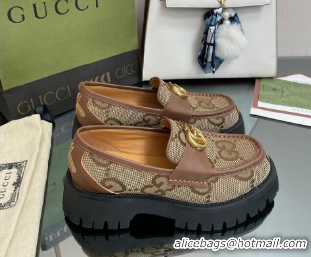 Low Price Gucci Jumbo GG Canvas Platform Loafers 4.5cm with GG Brown 025031